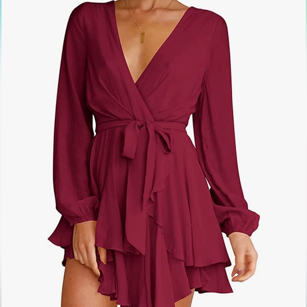 V Neck long sleeve red dress